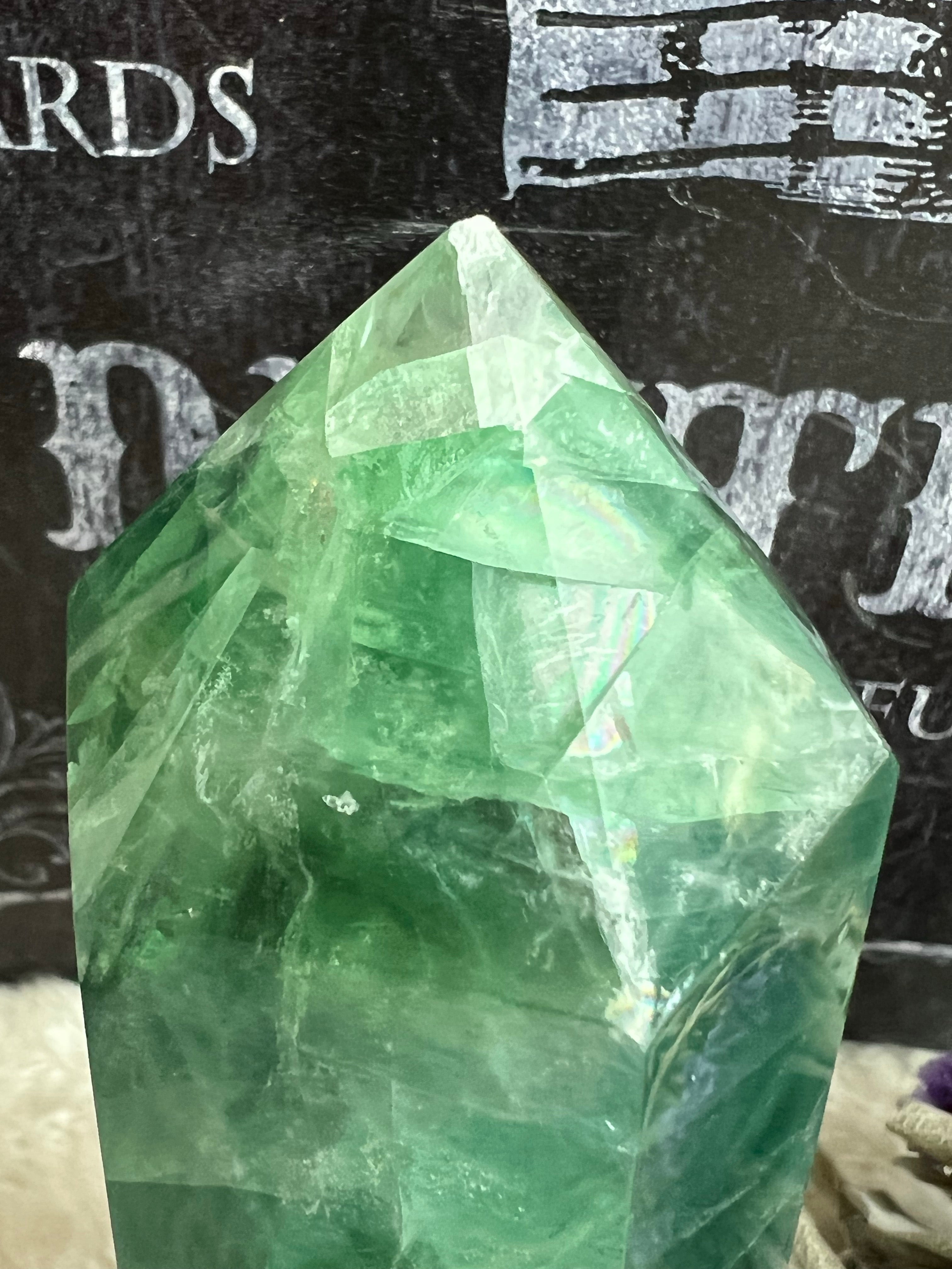 CHIPPED Fluorite with Calcite Tower - Earthly Secrets